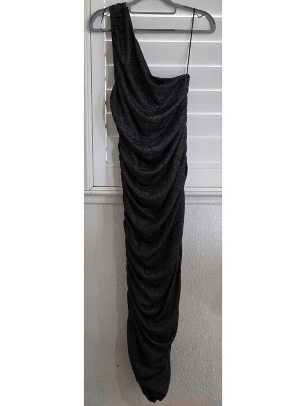 Michael Kors One Shoulder Ruched Metallic Black Silver Midi Dress L NWT